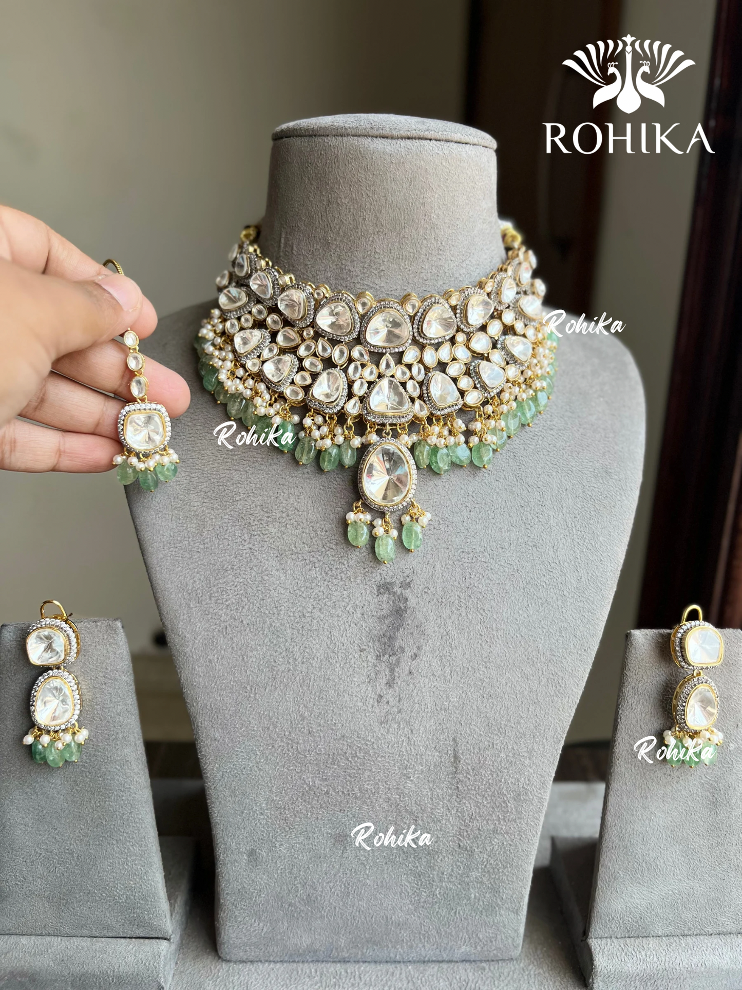 Swasti designer polki kundan choker set - Mint Green