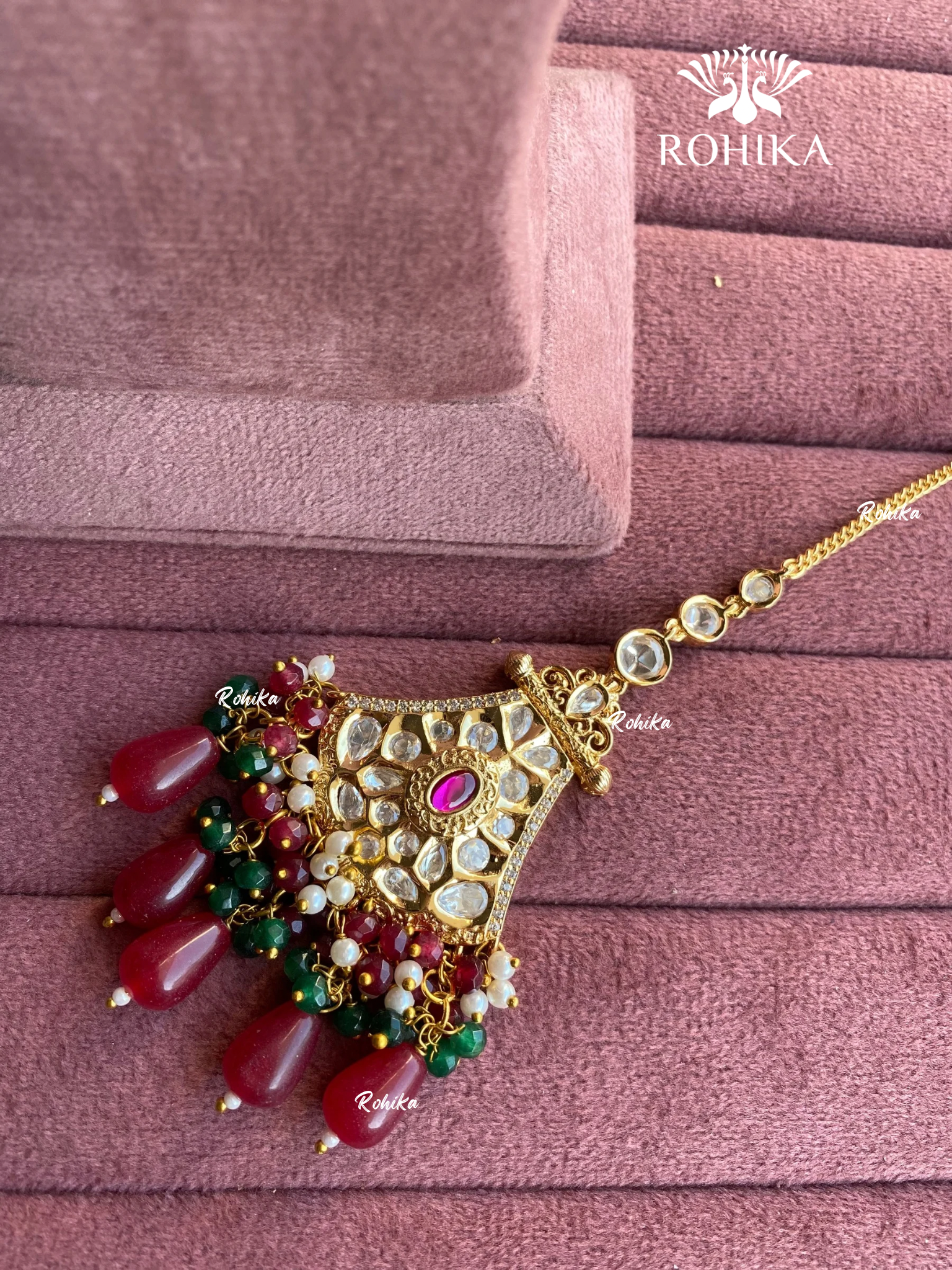 Polki kundan maangtikka (PLKM-039) - Red & green