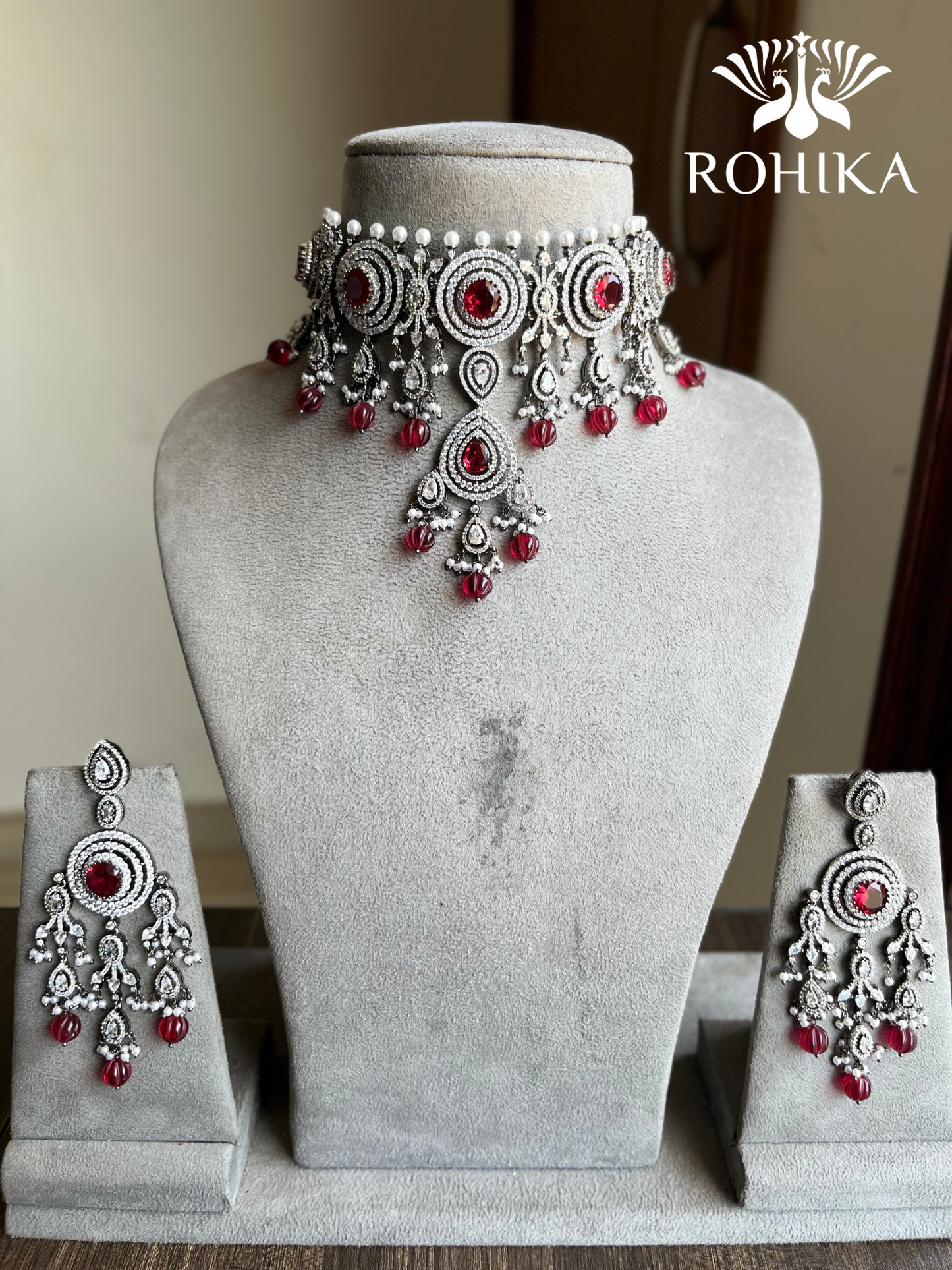 Shreya American diamond necklace set - Red