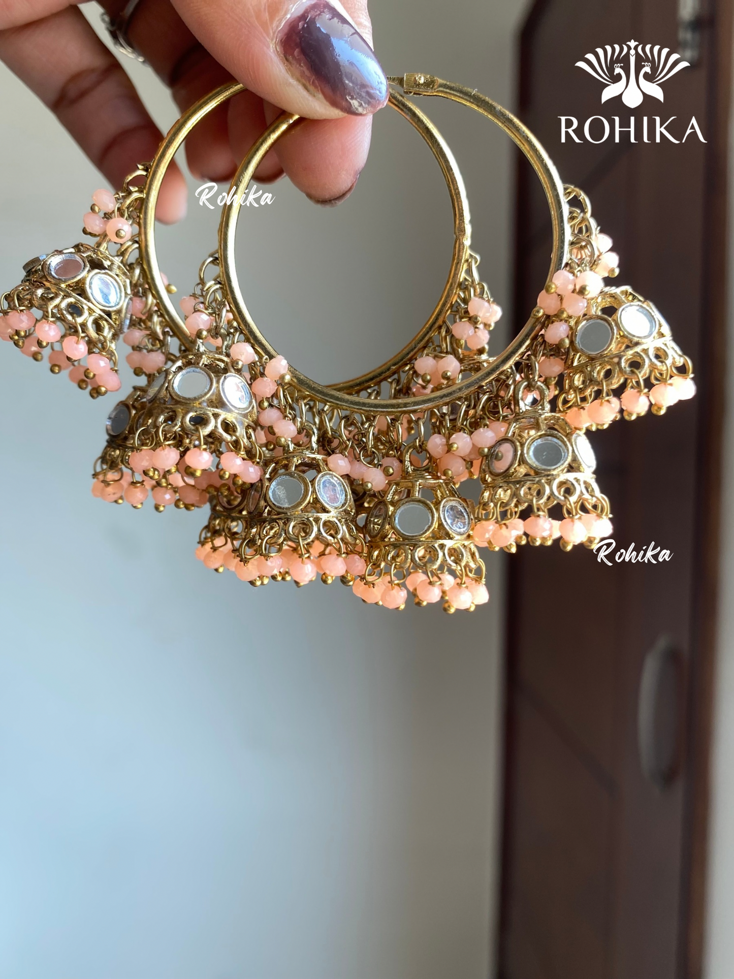 Leena mirror jhumki bali earrings - Light peach