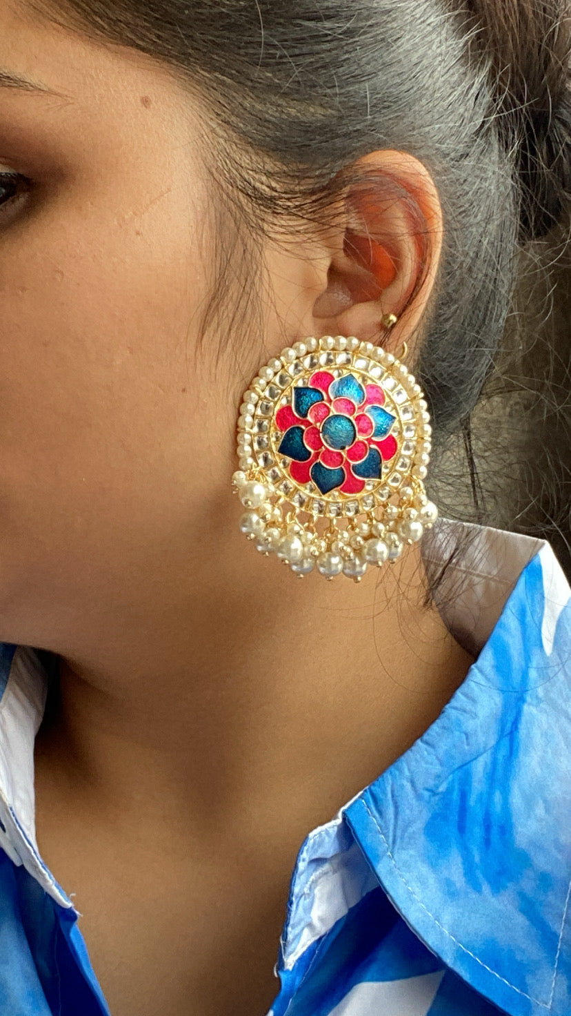 Khushi kundan studs - Pink and navy blue