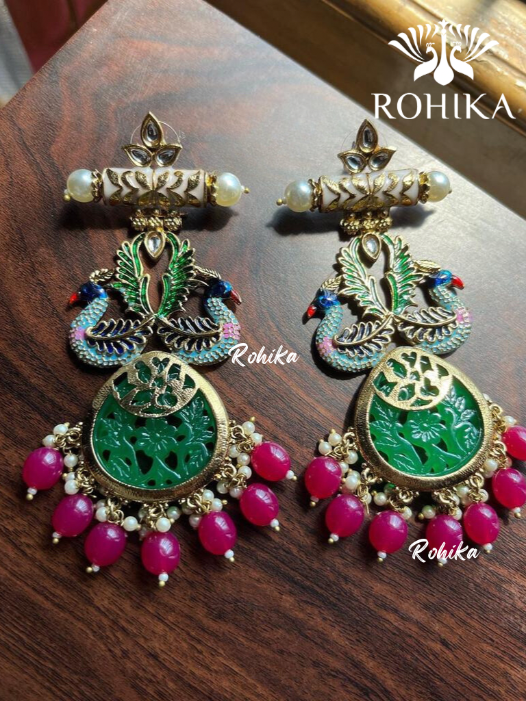 Morni meenakari carving earrings - Green