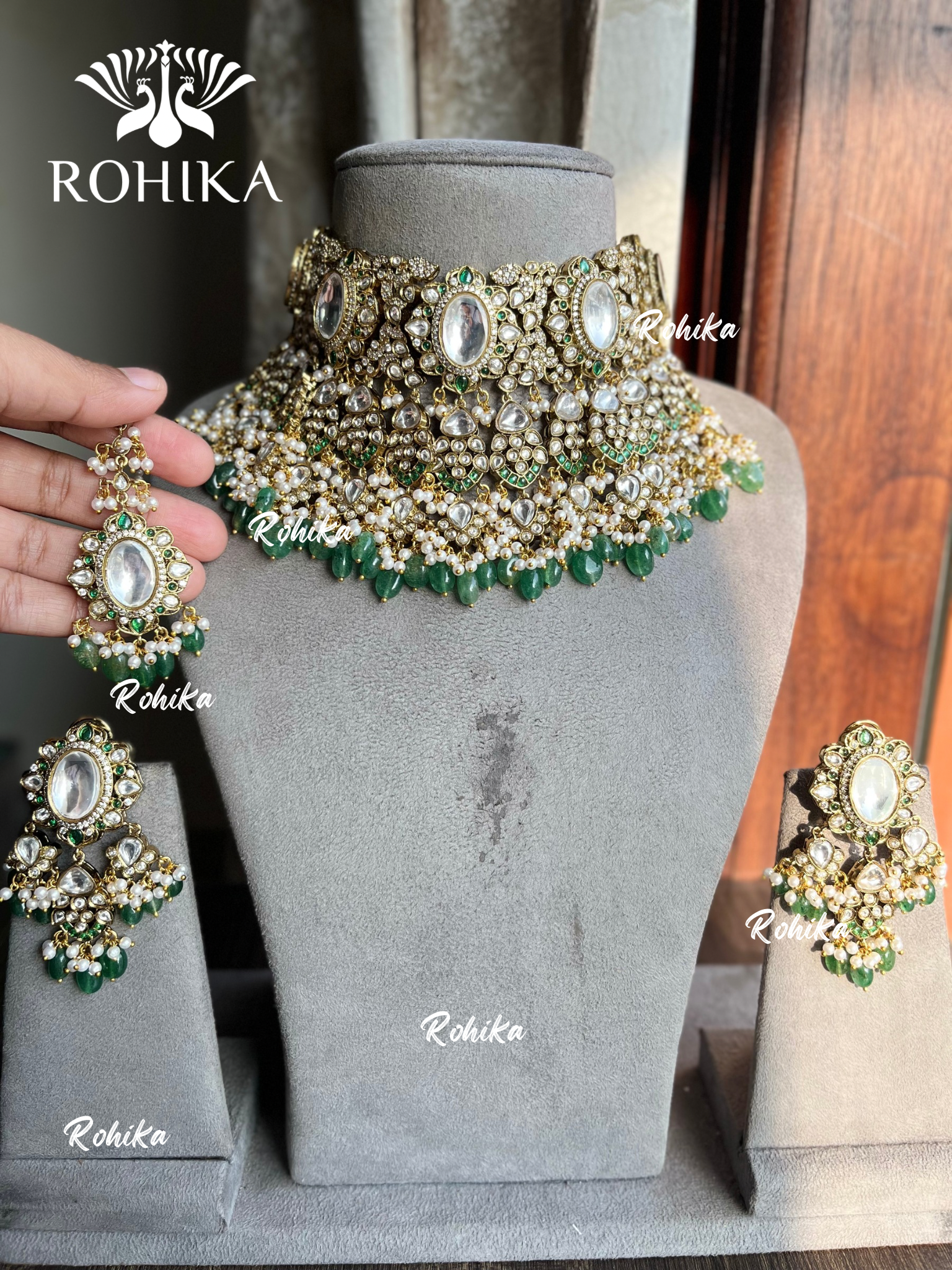 Anaika polki kundan bridal necklace set - Dark Green