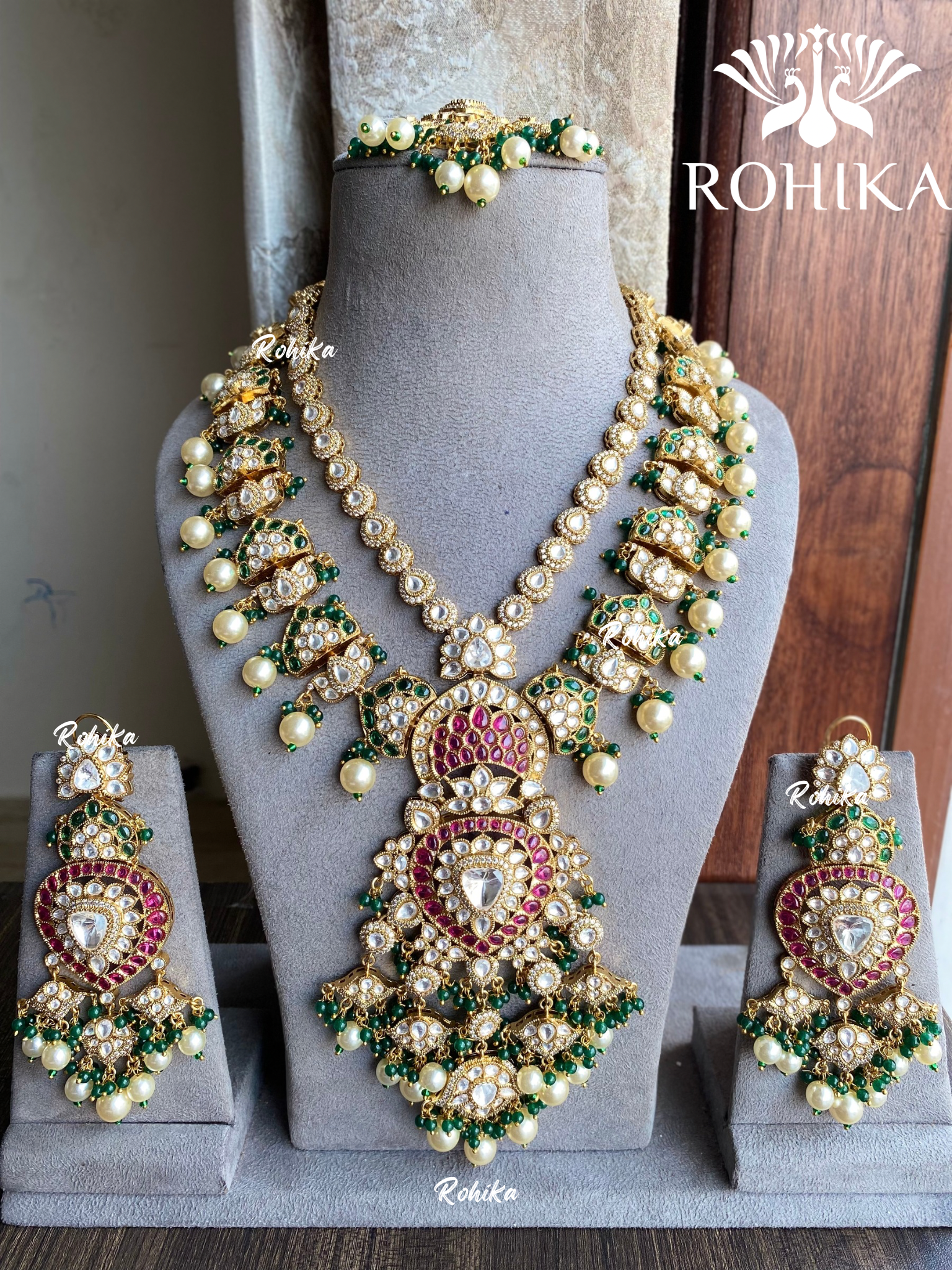 Sangam polki polki kundan long necklace set - Dark green and Pink