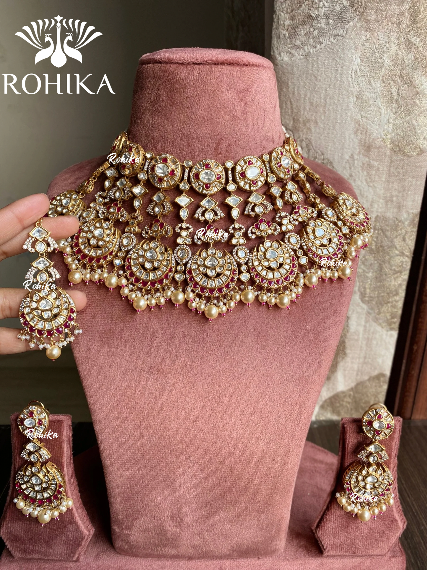 Karunya moisanite bridal necklace set - Ruby red