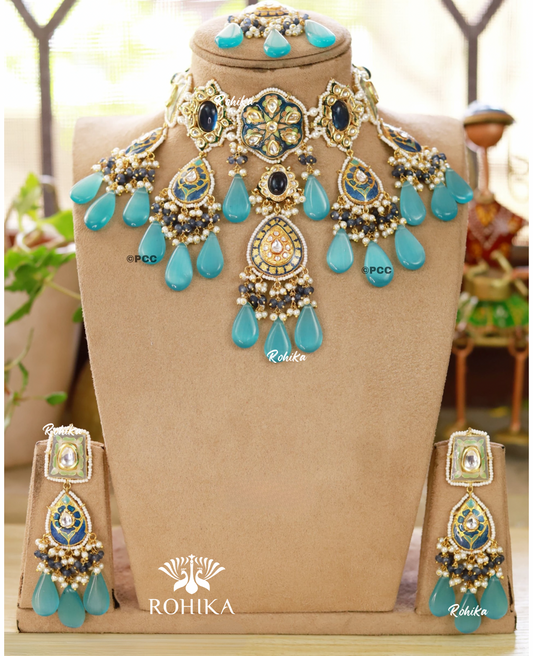 Unnati meenakari kundan choker set - Teal blue & green