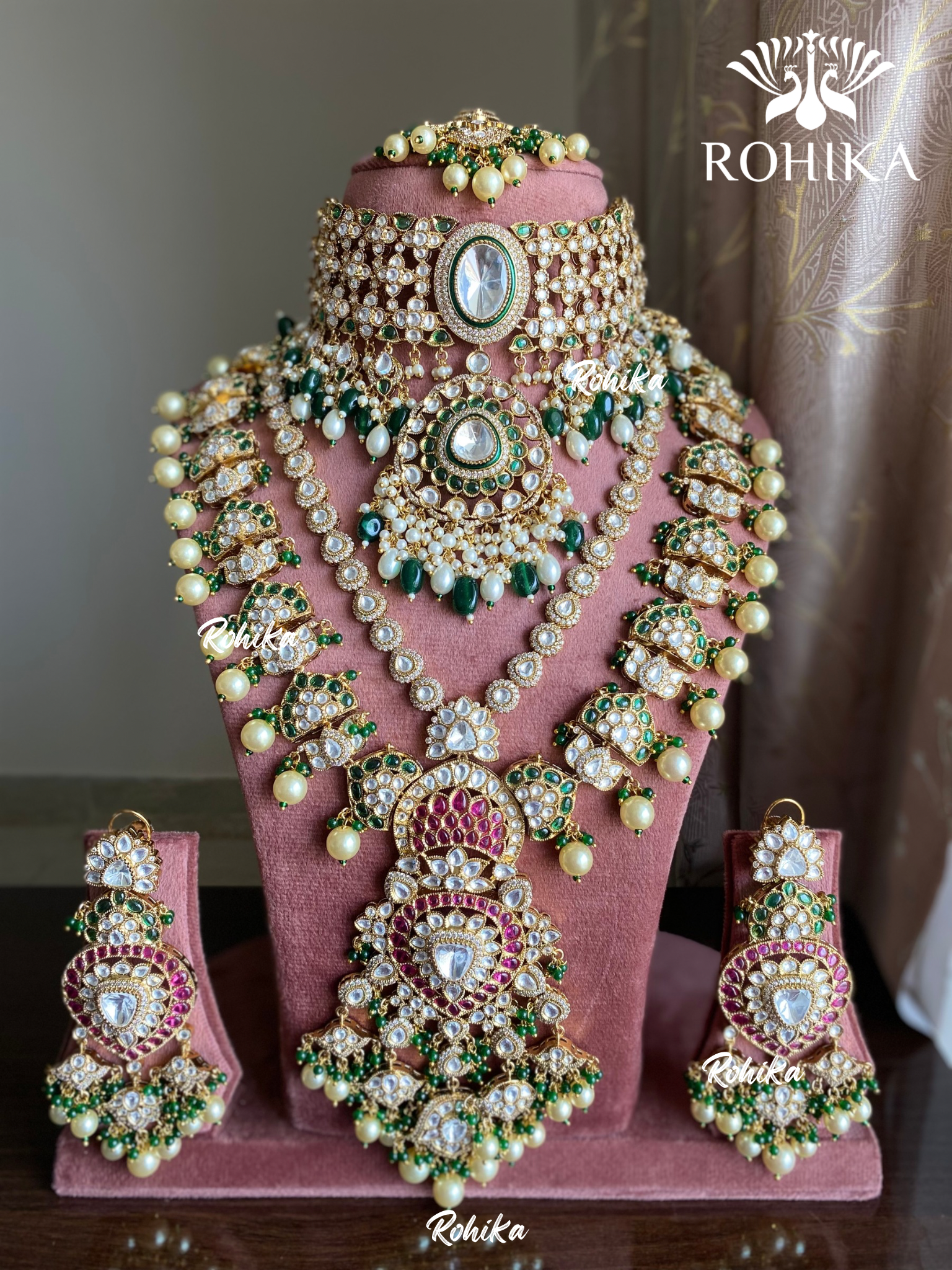Krati bikaneri kundan necklace combo set - Dark green
