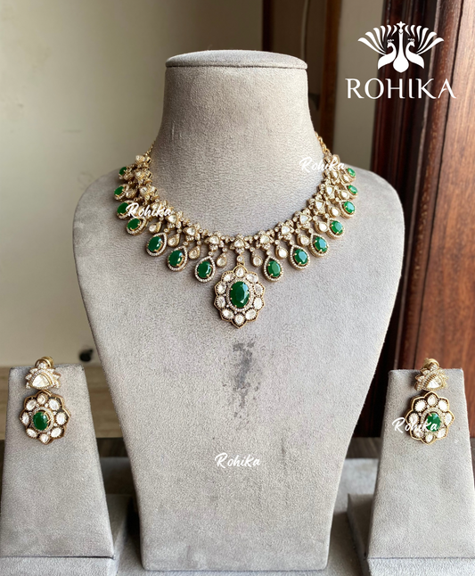 Mallika polki kundan necklace set - Dark Green