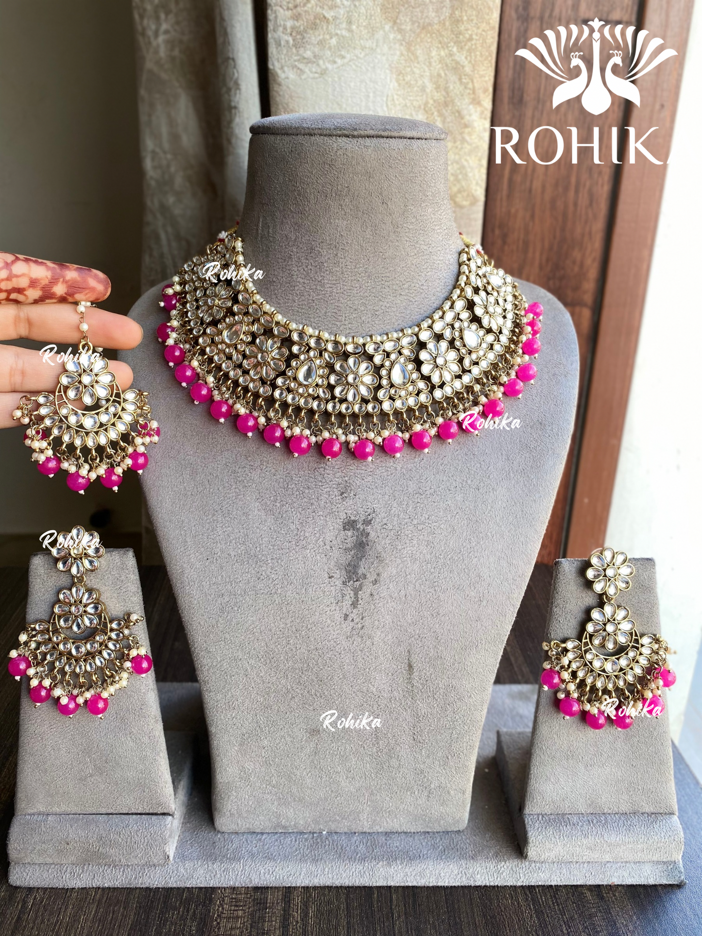 Kanchan mirror necklace set - Pink