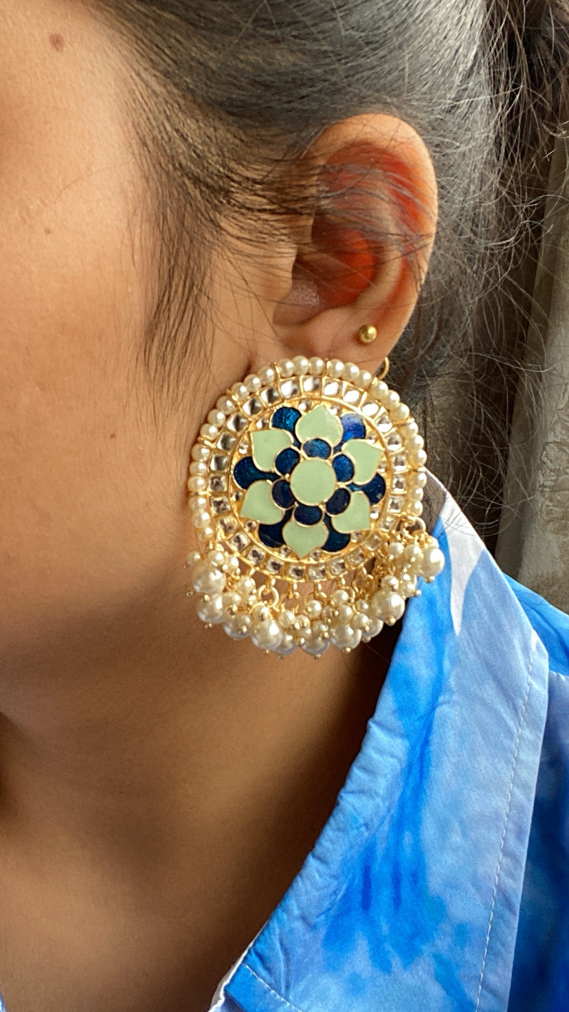 Khushi kundan studs - Mint and blue