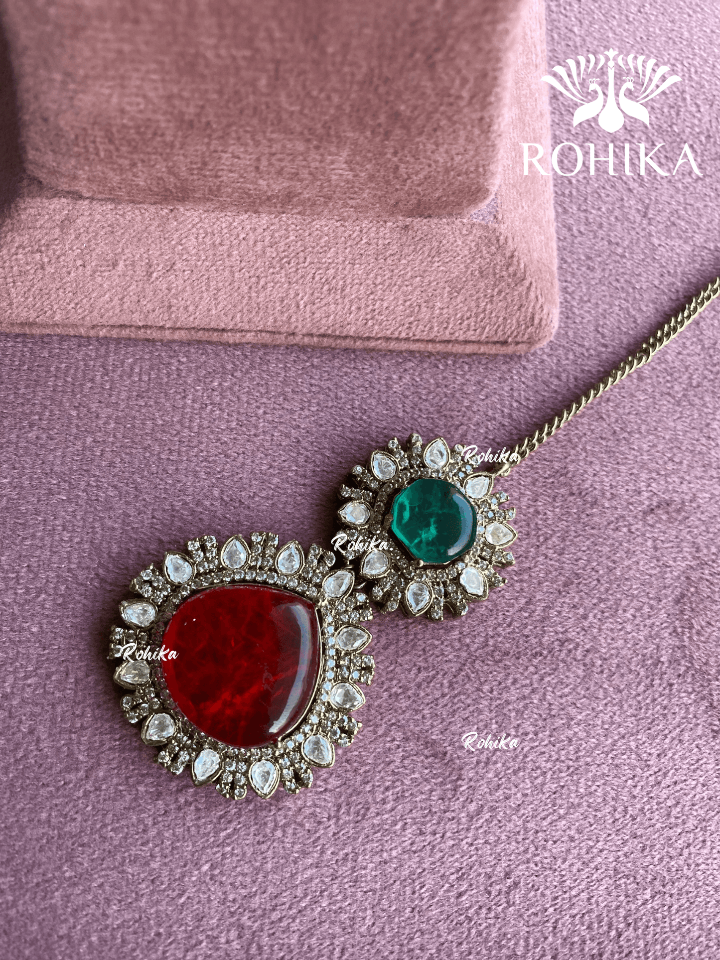 Siya doublet stone maangtikka - Dark green & red - Rohika Store