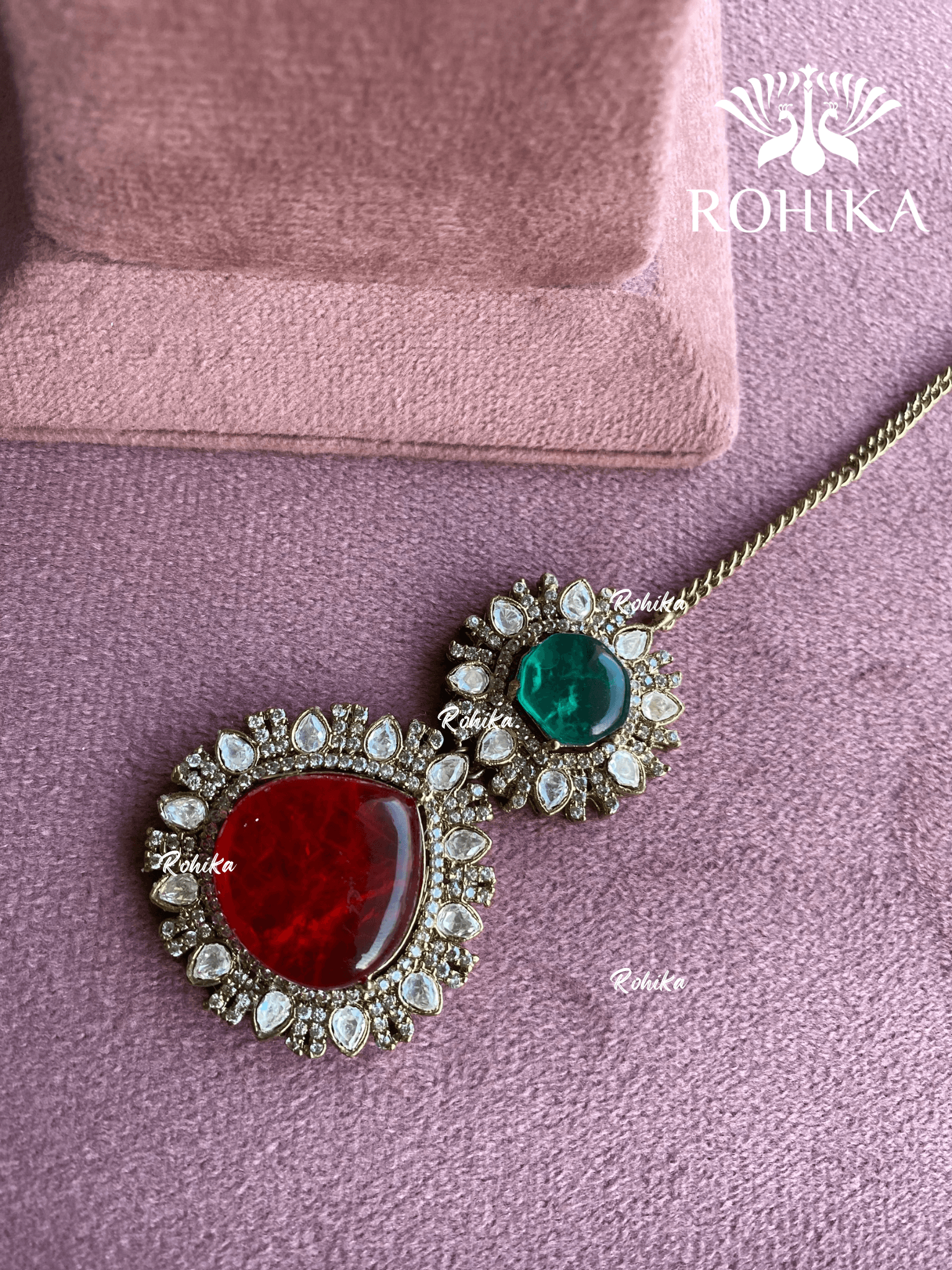 Siya doublet stone maangtikka - Dark green & red - Rohika Store