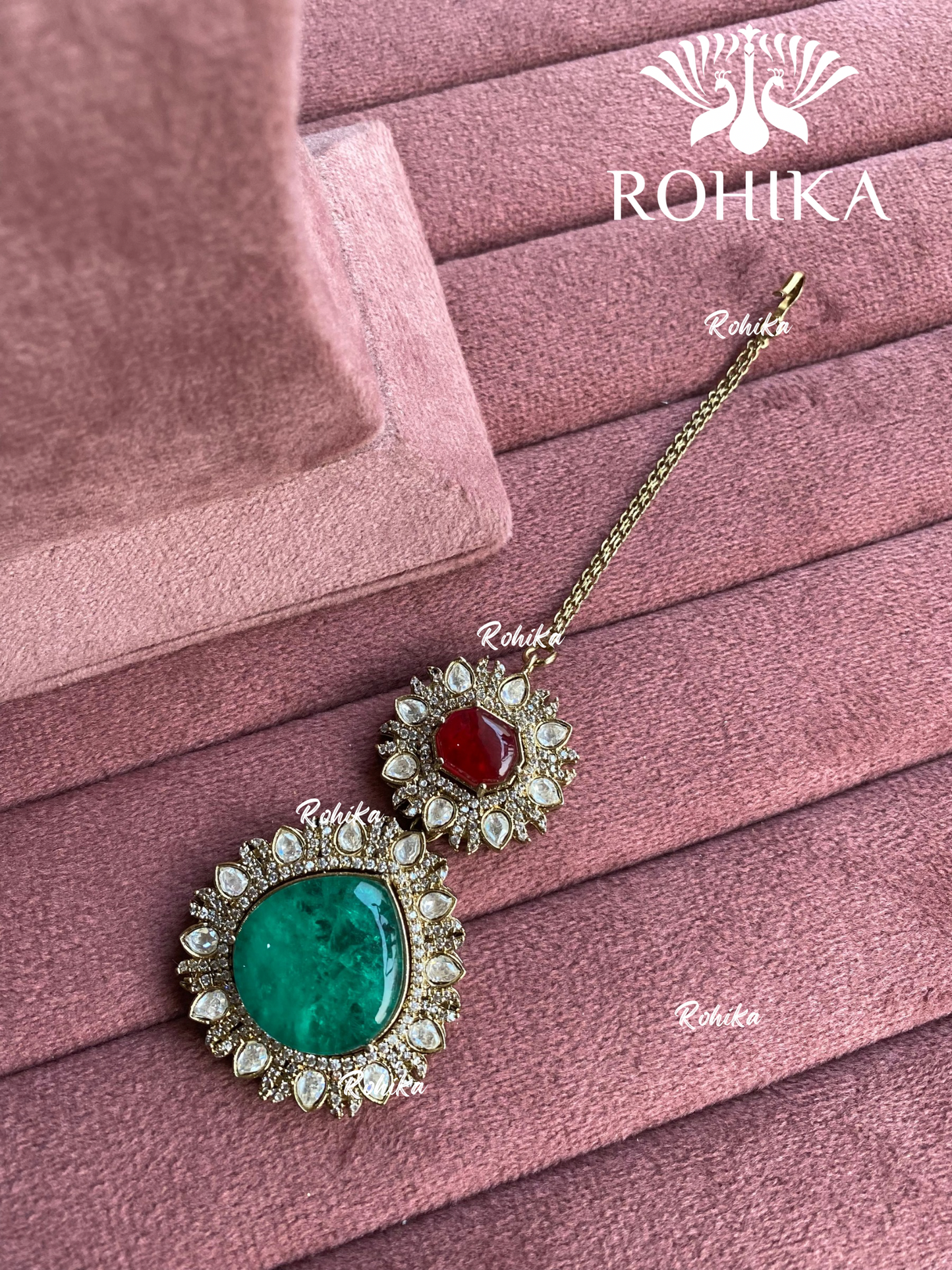 Siya doublet stone maangtikka - Red & dark green