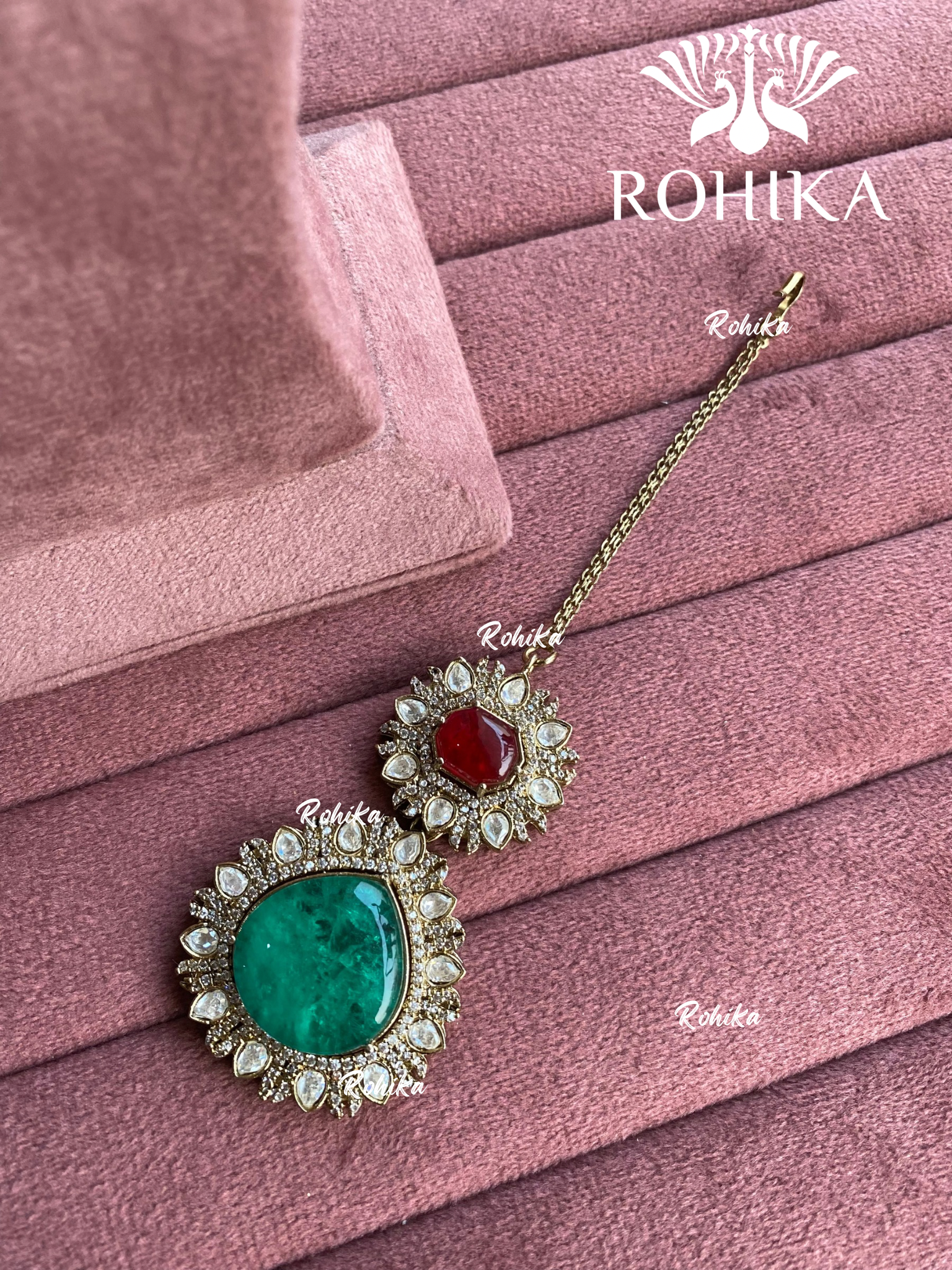 Siya doublet stone maangtikka - Red & dark green