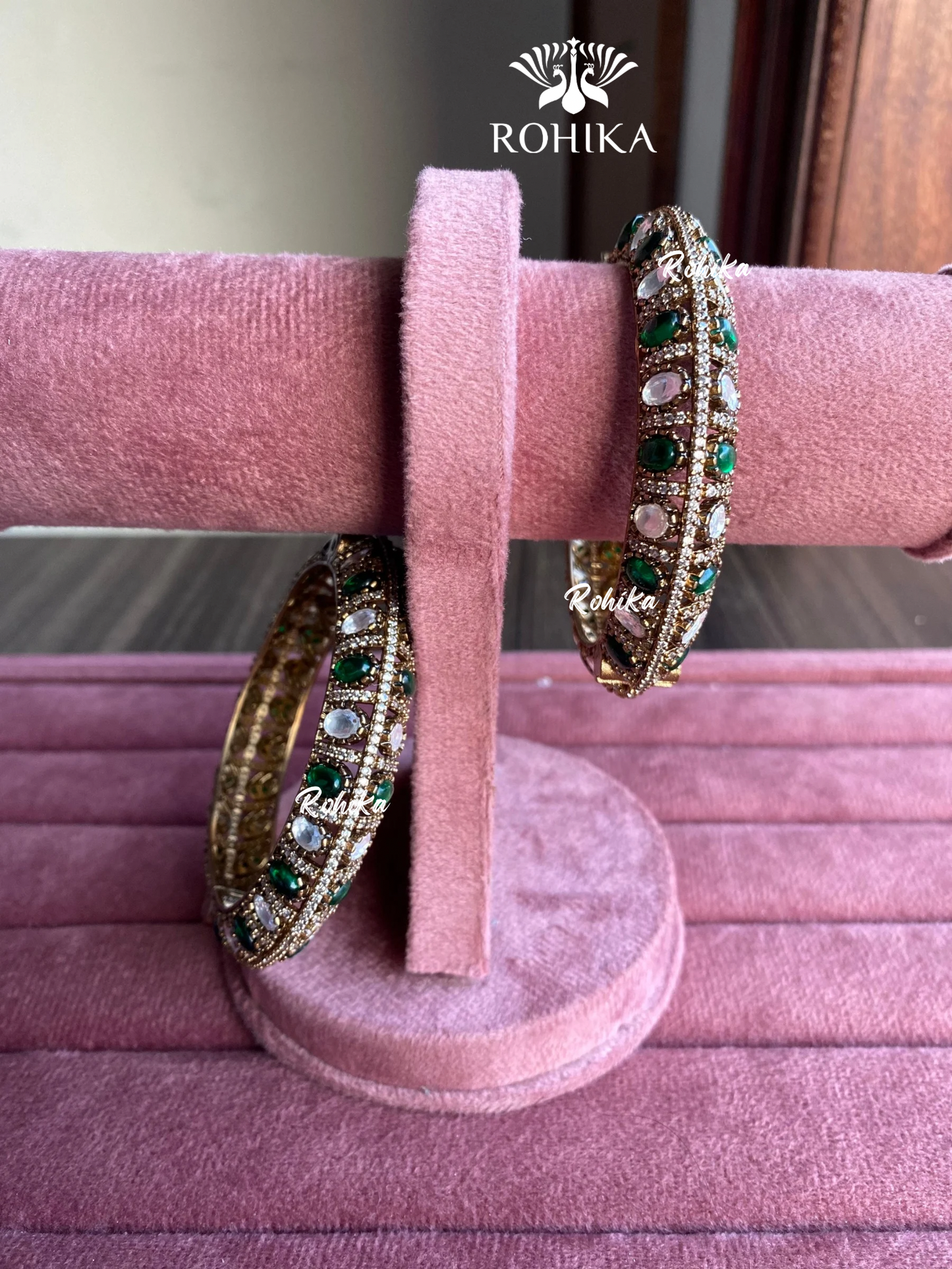 Pushp moisinite kundan kada/bangles - Green