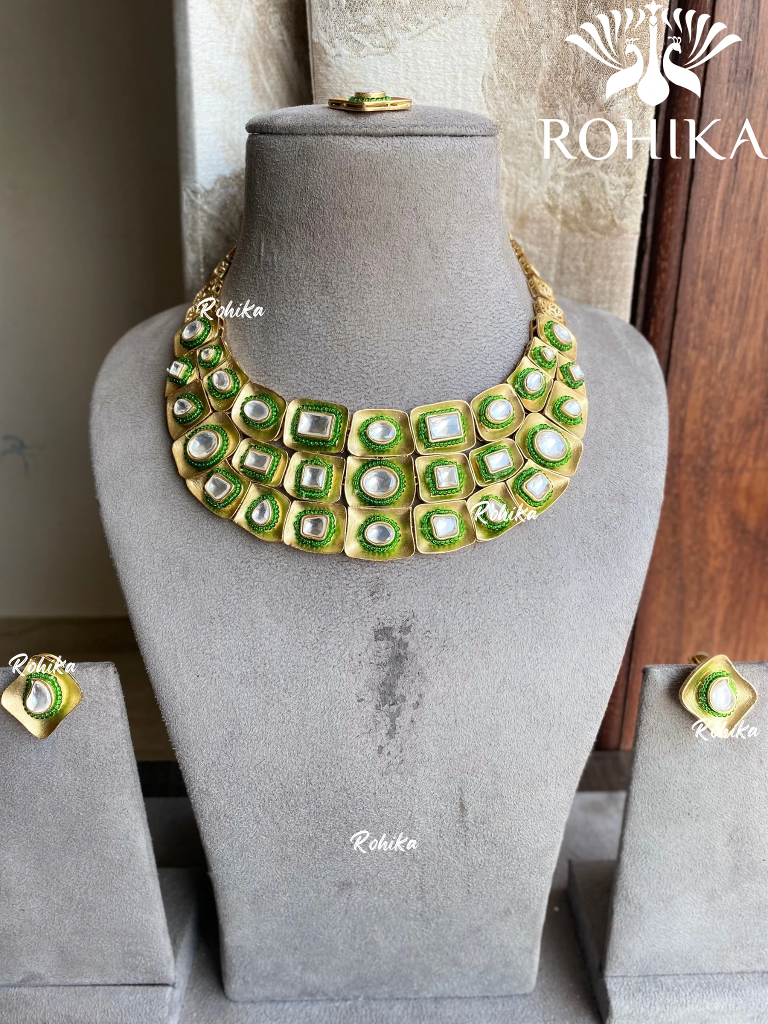 Vatsa polki kundan designer necklace set - Green