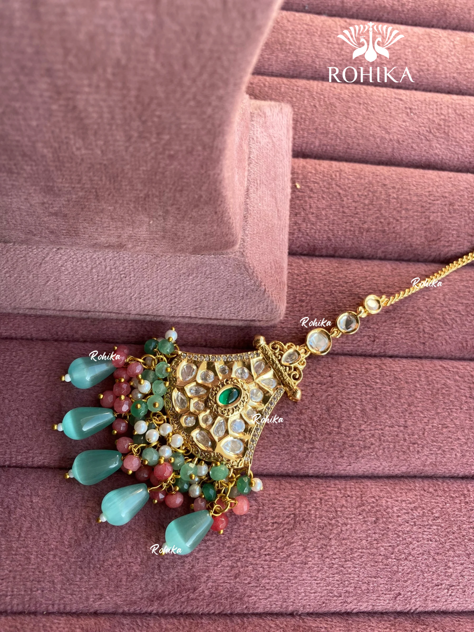 Polki kundan maangtikka (PLKM-039) - Mint green & pink