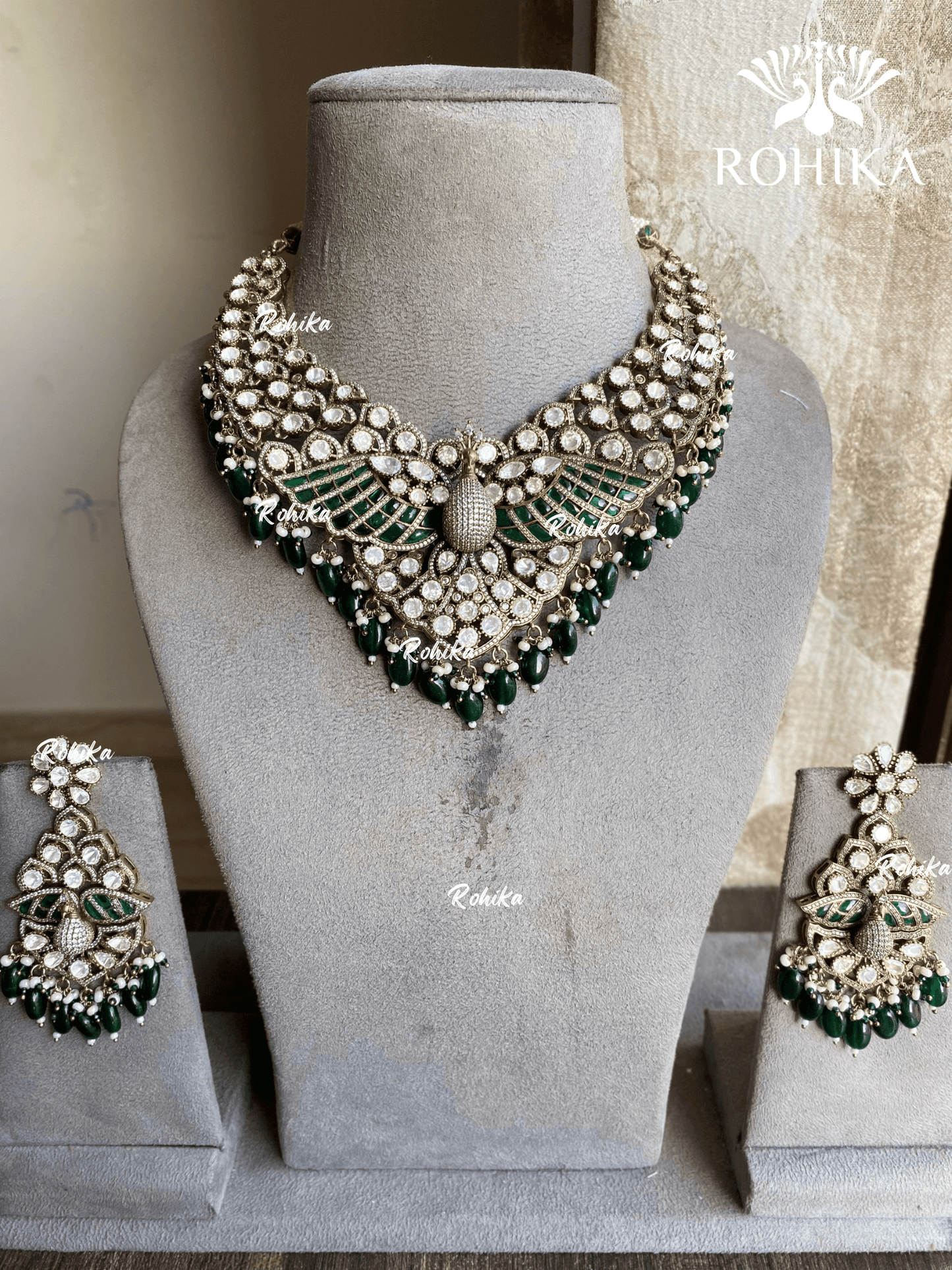 Mayuri moisanite necklace set - Dark green - Rohika Store