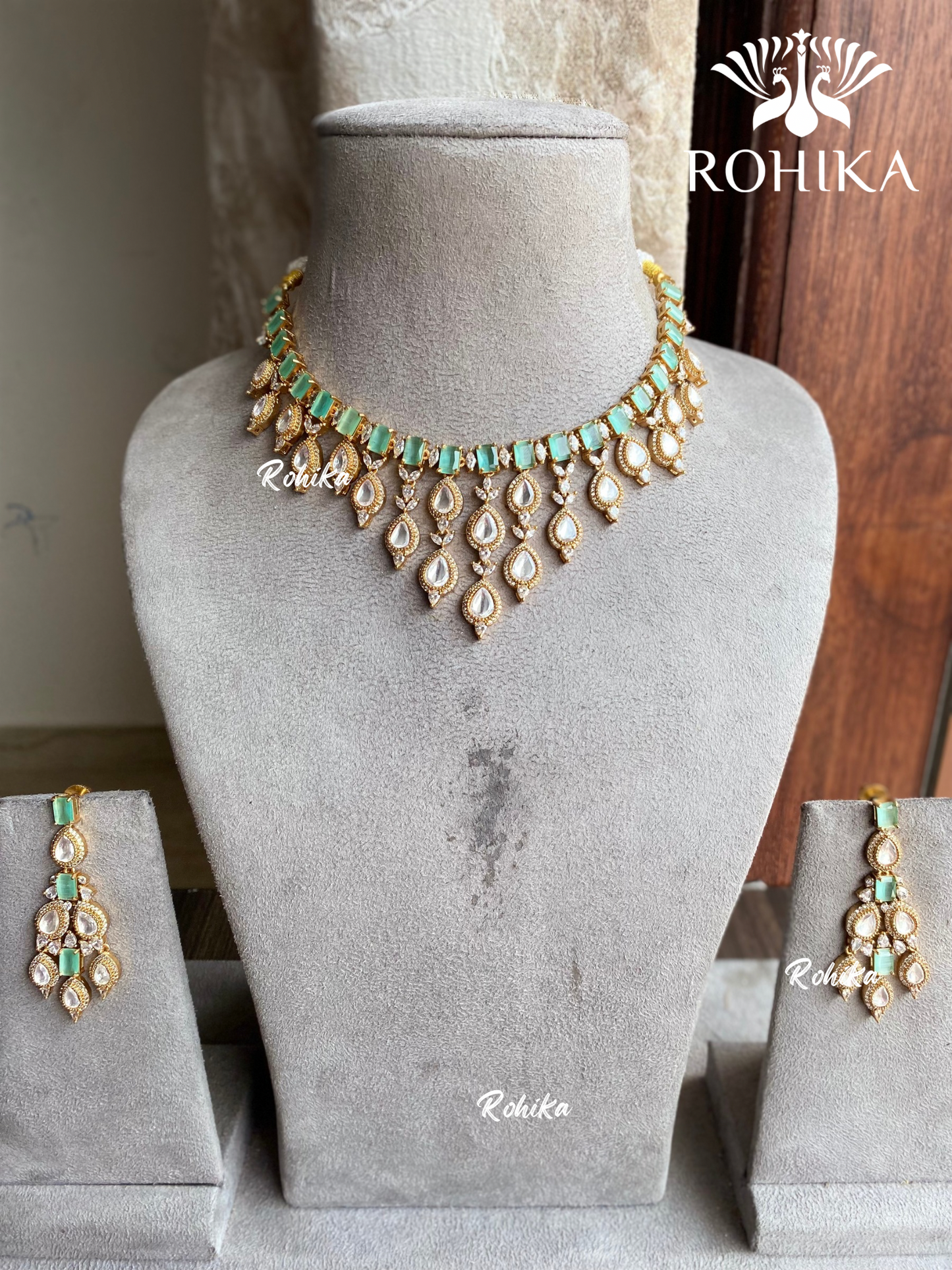 Aashi polki kundan necklace set - Mint green