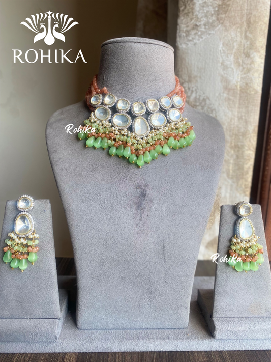 Laisha polki kundan choker set - Peach and green