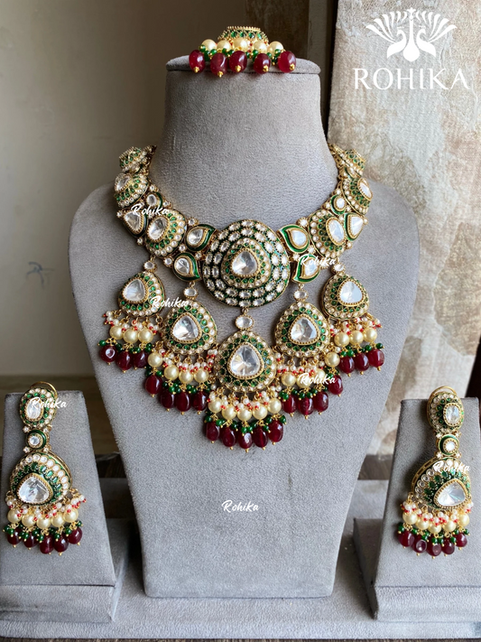 Pragati Polki Kundan Necklace Set - Green & Red