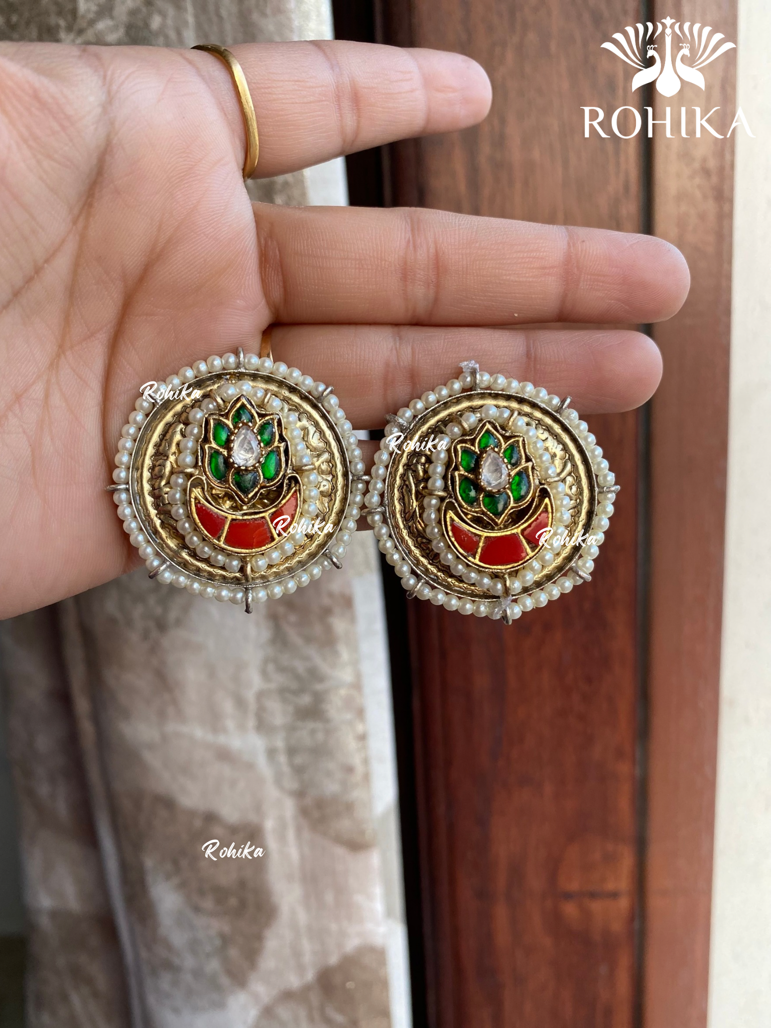 Banjara fusion Studs earrings (FE-017) - Green & orange