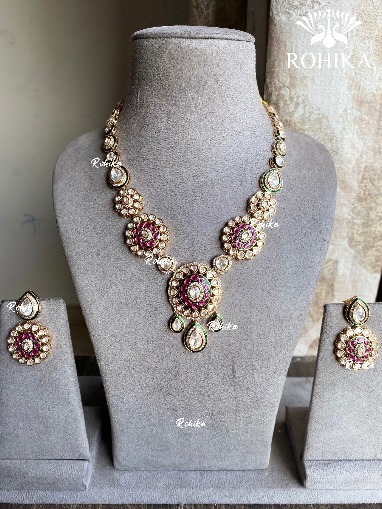 Ishani moisanite polki necklace set - Green and Ruby red