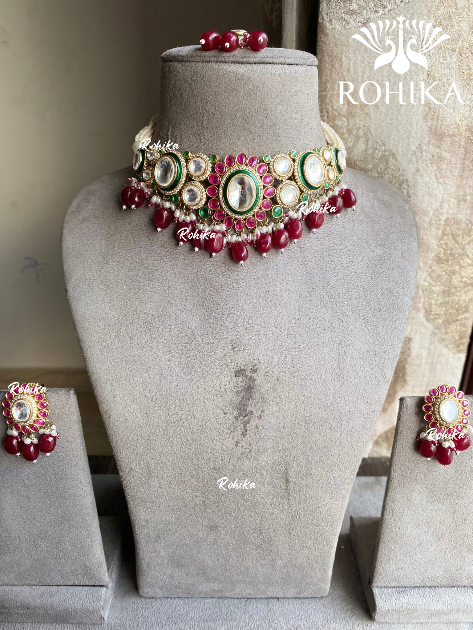 Pragya polki kundan choker set - Red / Maroon