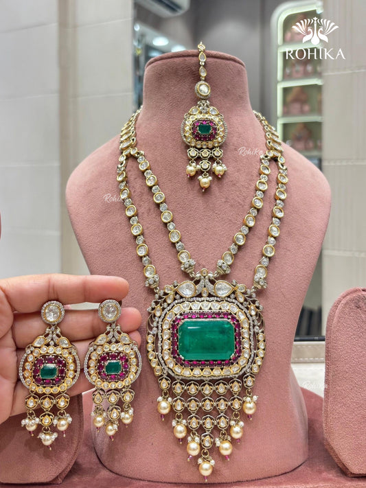 Apoorva moisanite long necklace set -Dark Green