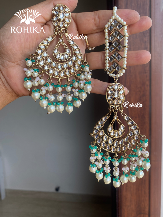 Madhur earrings and maangtikka - White and Green