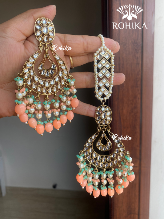 Madhur earrings and maangtikka - Peach