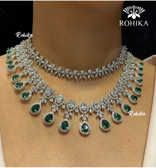 Dahlia american diamond necklace - Dark green