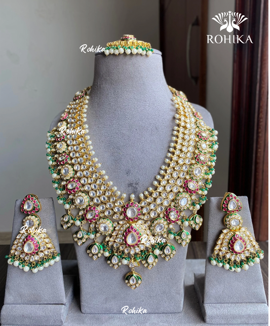 Aangan bikaneri polki kundan long necklace set - Pink