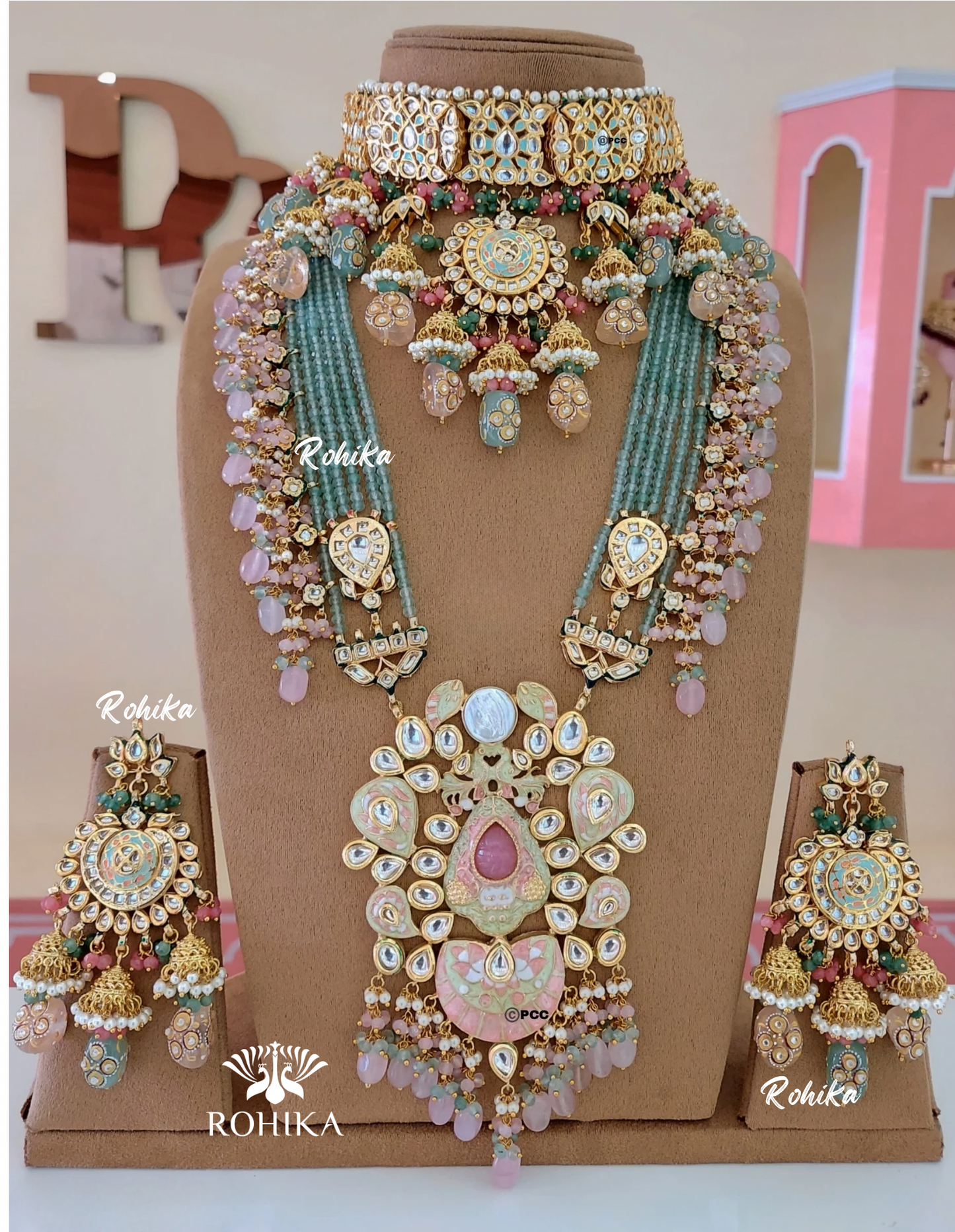 Alisha polki kundan bridal set (MB-001) - Mint Green & baby pink