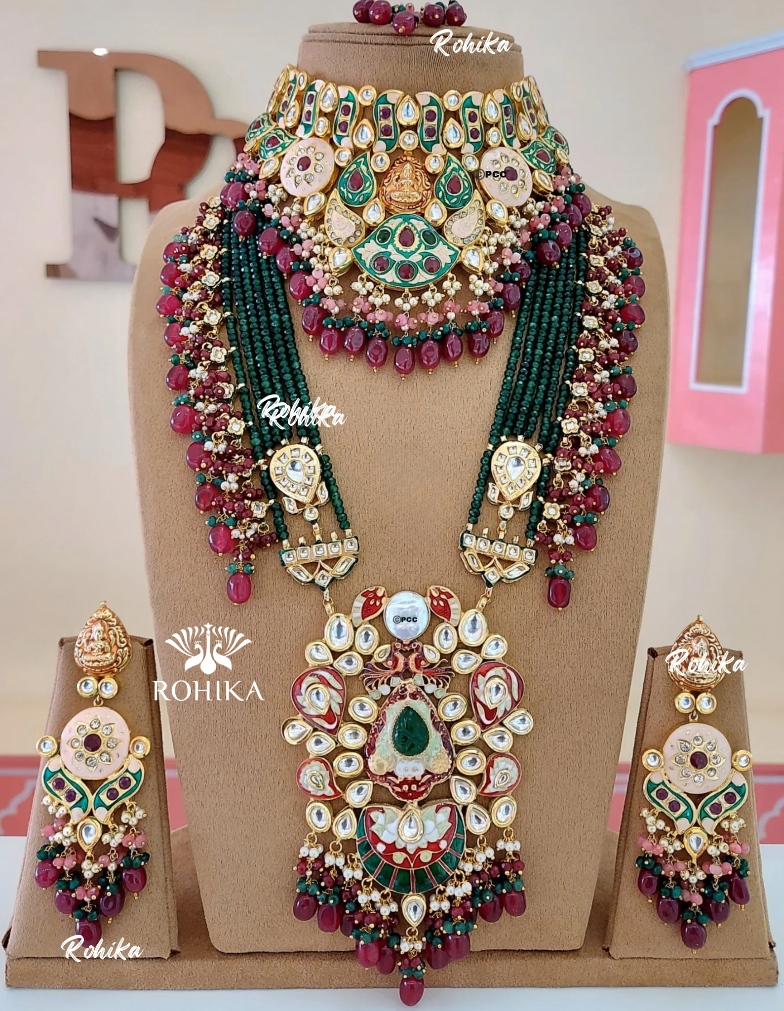 Alisha polki kundan bridal set (MB-005)-Maroon & dark green