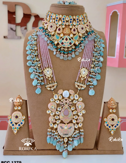 Alisha polki kundan bridal set (MB-006)-light blue & baby pink