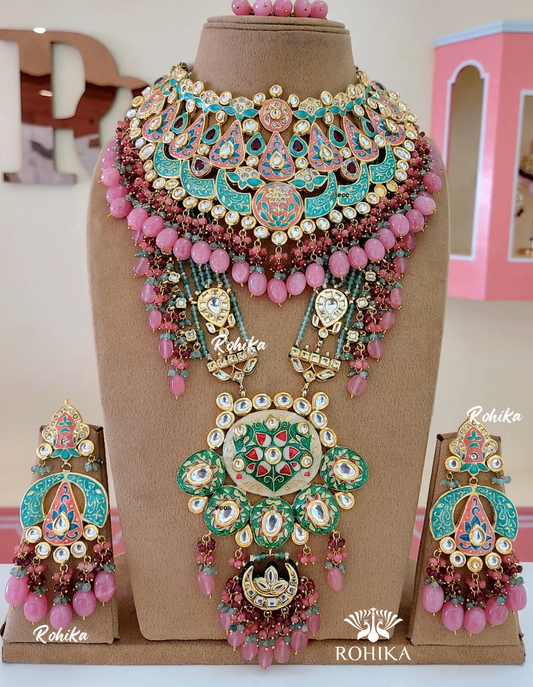 Alisha polki kundan bridal set (MB-009)- Mint green & pink