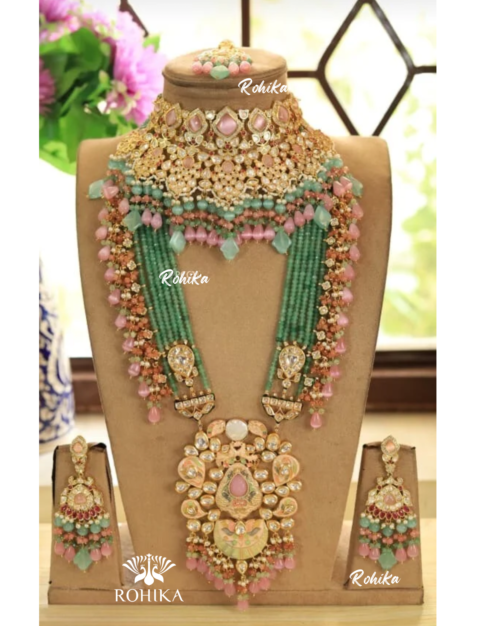 Alisha polki kundan bridal set (MB-012)-green 7 baby pink