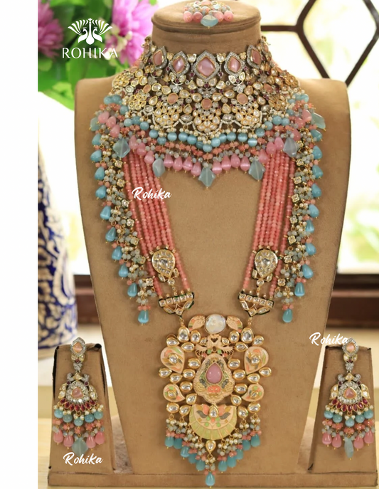 Alisha polki kundan bridal set (MB-014)- Peach & blue 