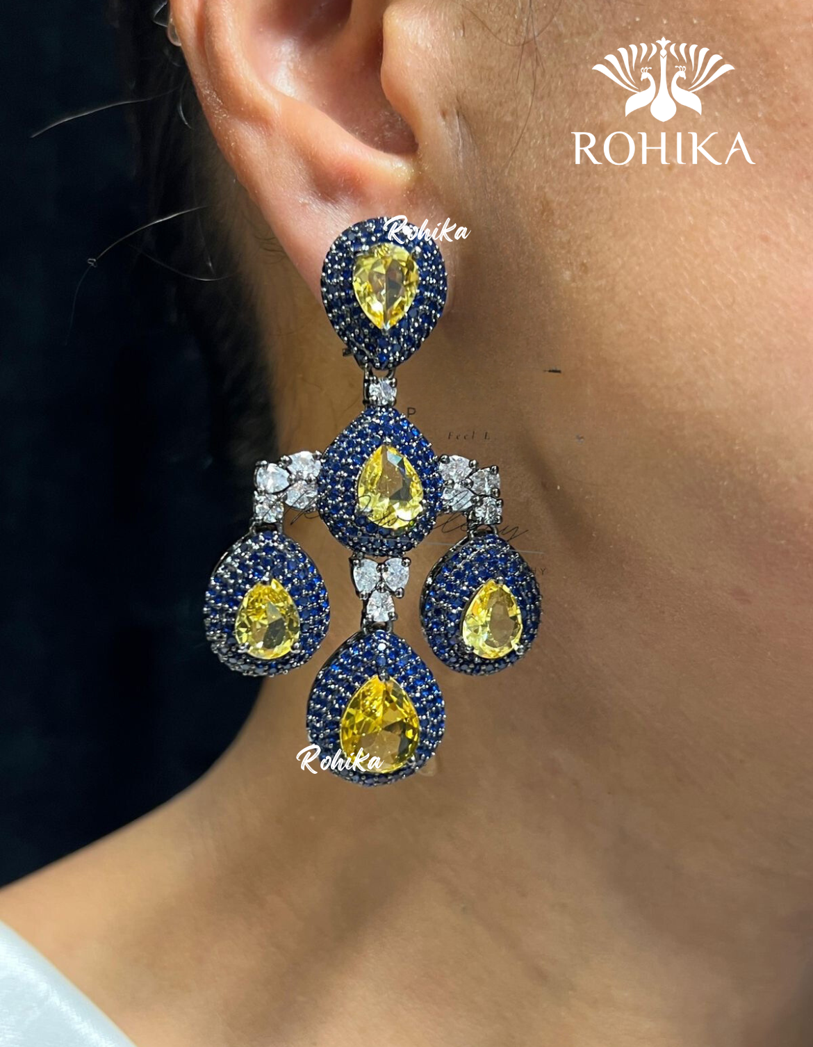 Della american diamond earring set - Dark blue & yellow