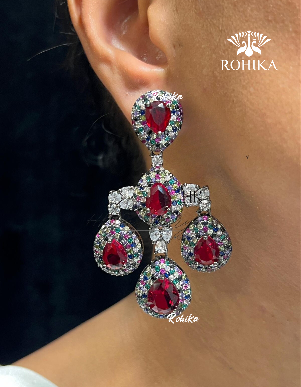 Della american diamond earring set - Red & multi