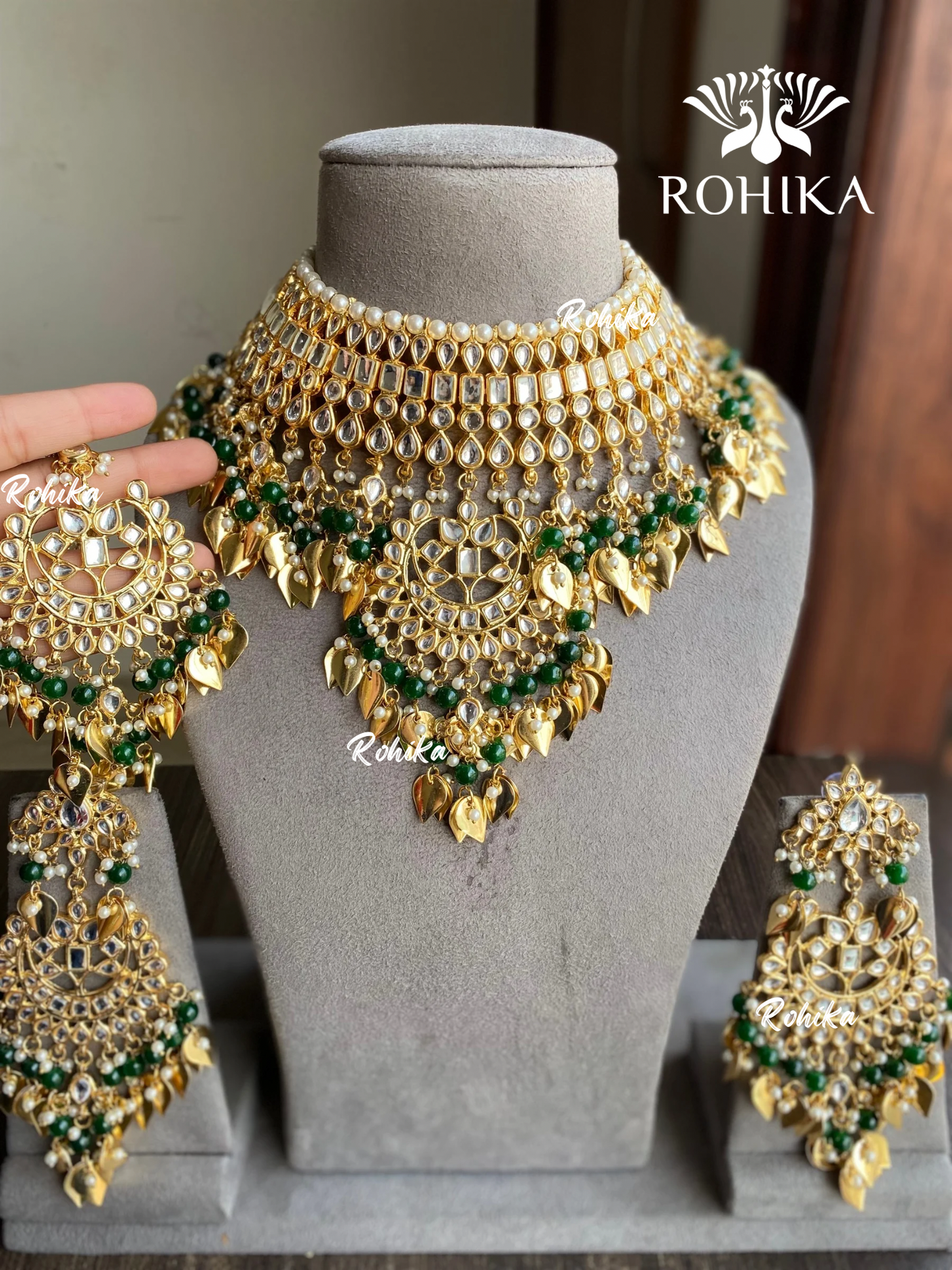 Simran peepal patti kundan necklace set - Dark green