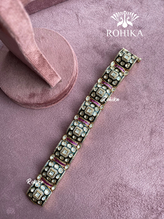 Anhita polki kundan meenakari bracelet/kada (004) - Dark green/Pink