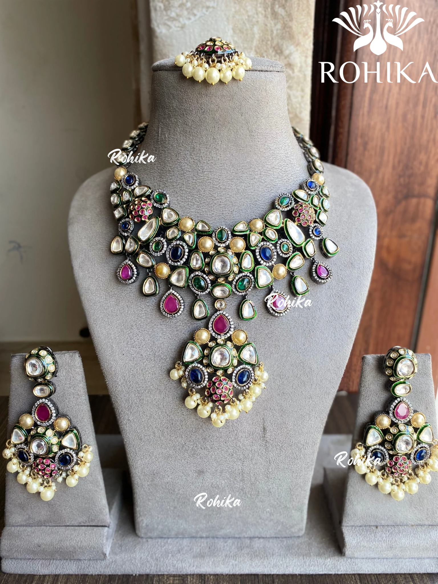 Dhani bikaneri kundan necklace set - Multi colour