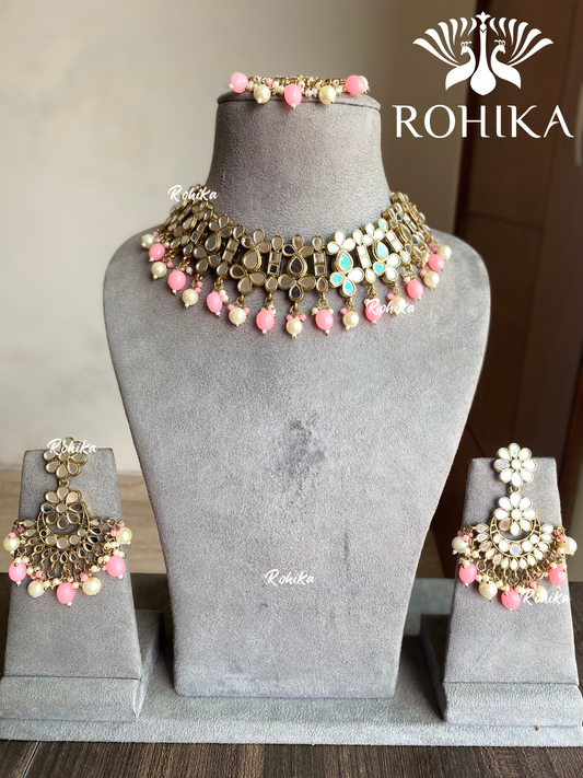 Harsita mirror necklace set - Pink & white