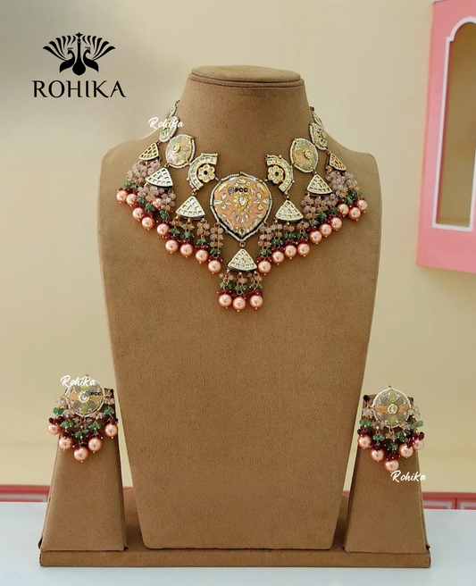 Dimpi meenakari kundan necklace set - Peach