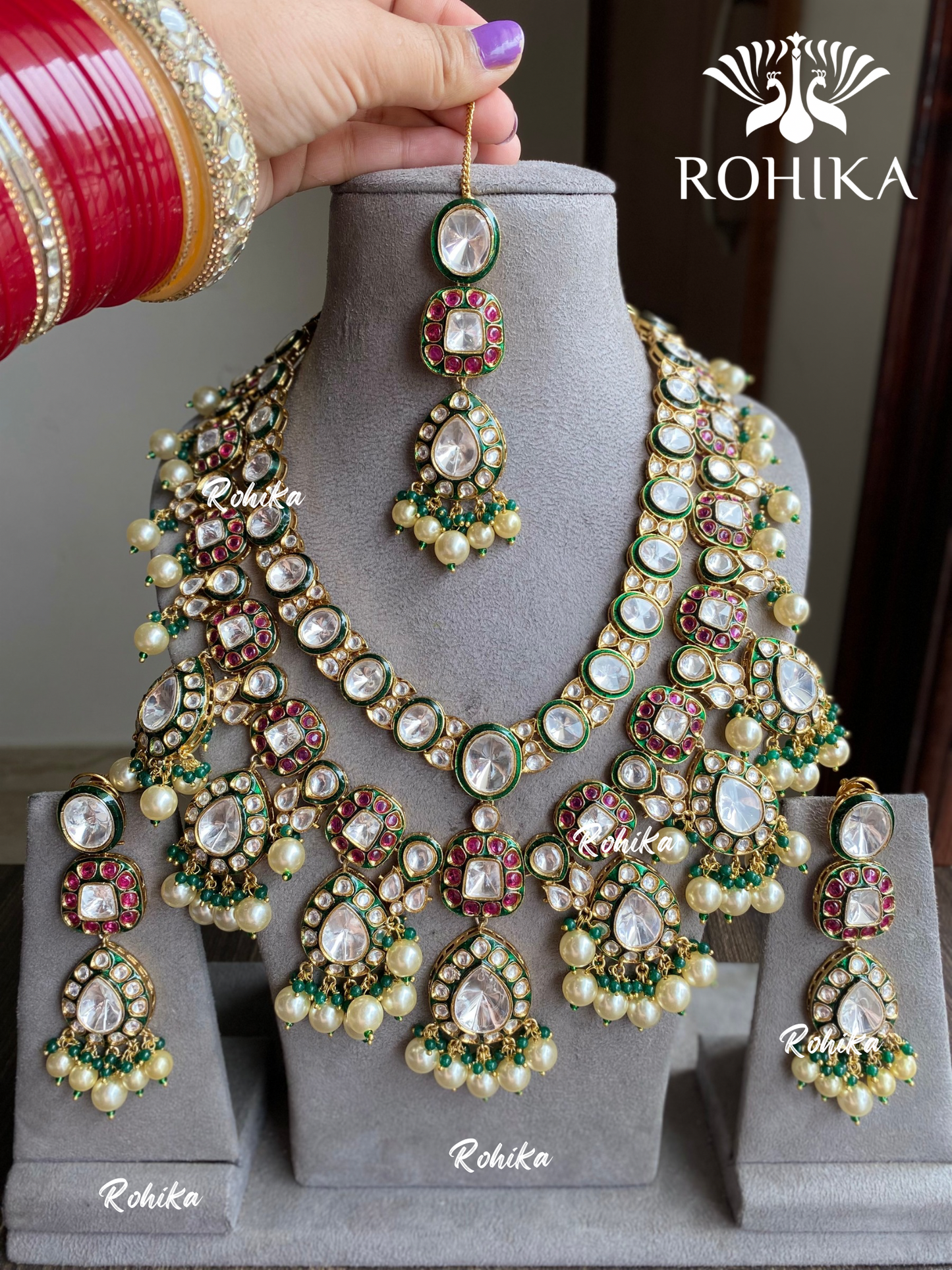 Alaya bikaneri polki kundan long necklace set - Pink & green