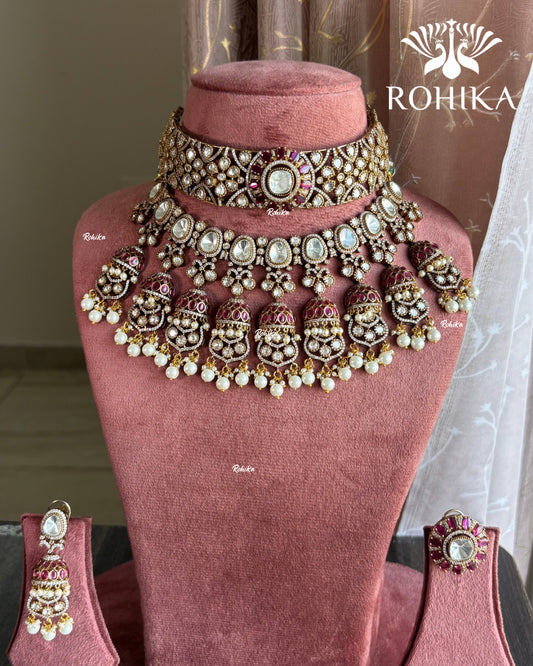 Divyam Moisannite Kundan combo necklace set - Ruby Red