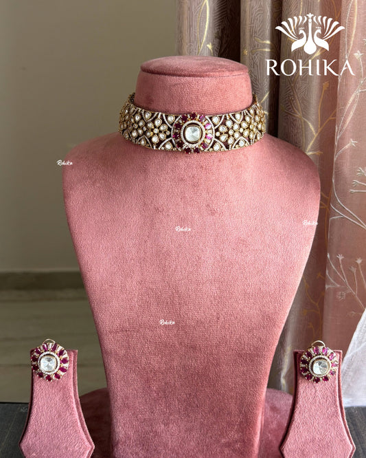 Divita Moisanite Kundan Choker Set - Ruby Red