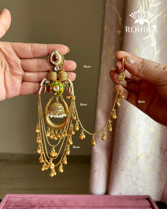 Piya polki jhumka earrings with earchains(EE-002)- Green